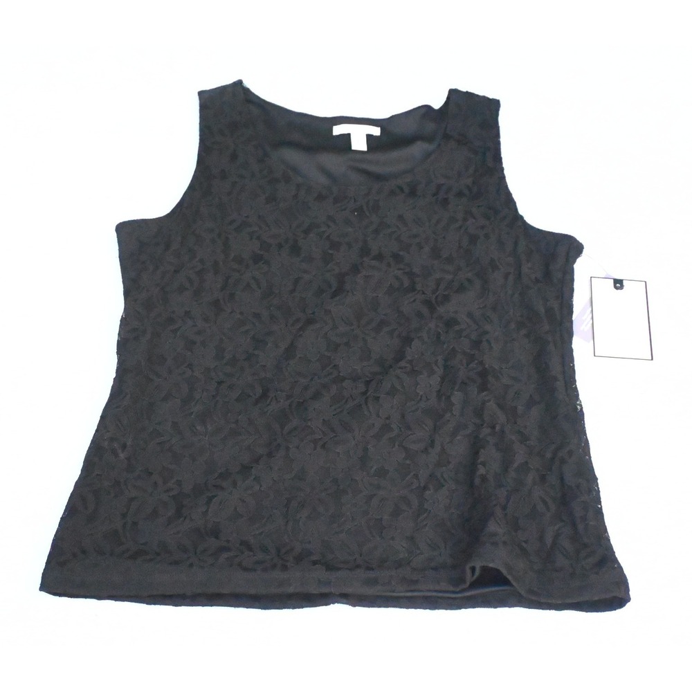 Dana Buchman Womens L NWT Black Floral Lace Shell Tank Top Lined Jewel Neck